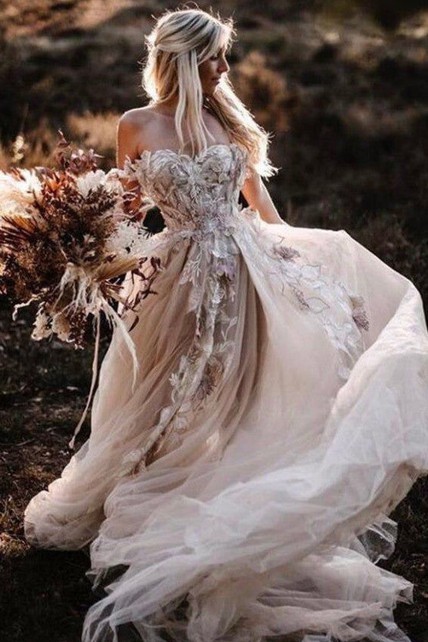 lace fairy wedding dress 3D Flower Colorful Tulle Wedding Dresses V Neck Fairy Lace Bridal Dresses AWD1649 main image 0