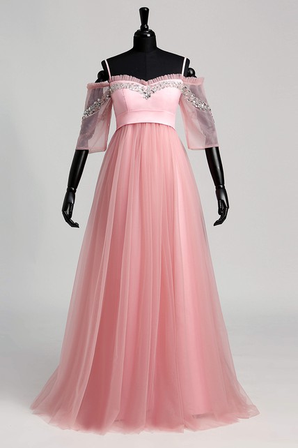 green lace a line dress Strapless Organza A-Line Wedding Dress with Pearl-Embellished Illusion Long  Sleeves main image 0
