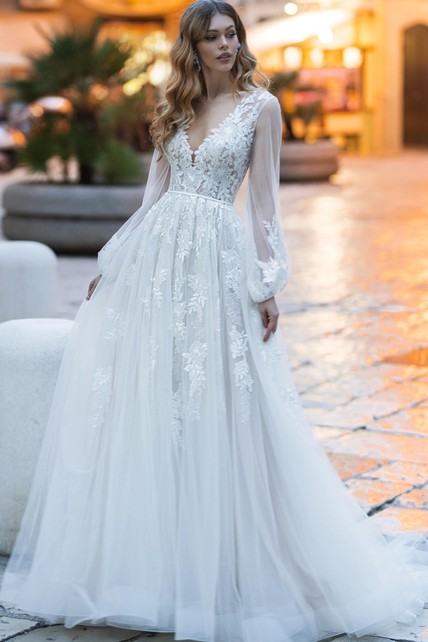 Elegant A Line V-neck Lace Court Train Wedding Dress with Appliques ...