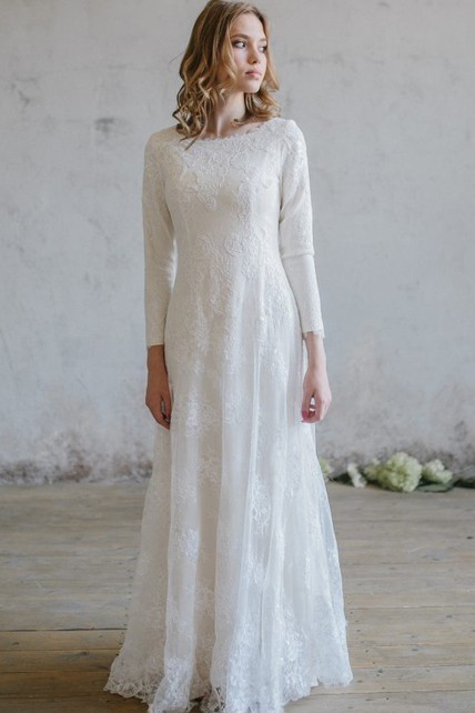 Elegant Lace Scoop Neckline 3/4 Sleeve Modest Wedding Dress - Dorris ...