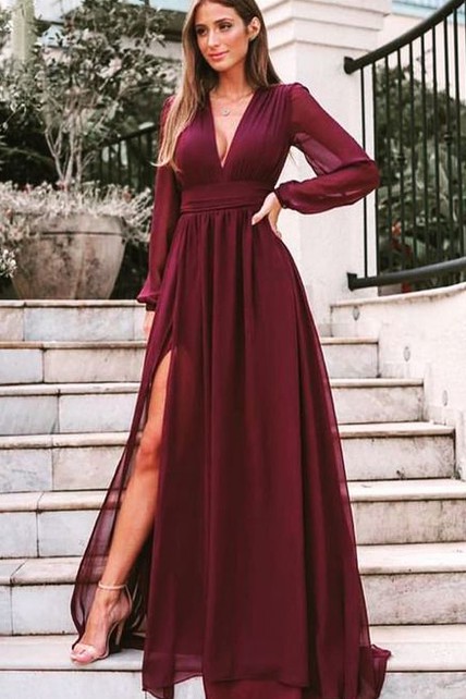 white christmas dresses A-Line Burgundy Chiffon V Neck V Back Wedding Prom Evening Party Dress 22w main image 1