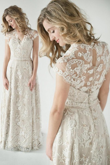 Lace Vintage Empire Cap Ivory White Wedding Dress - Dorris