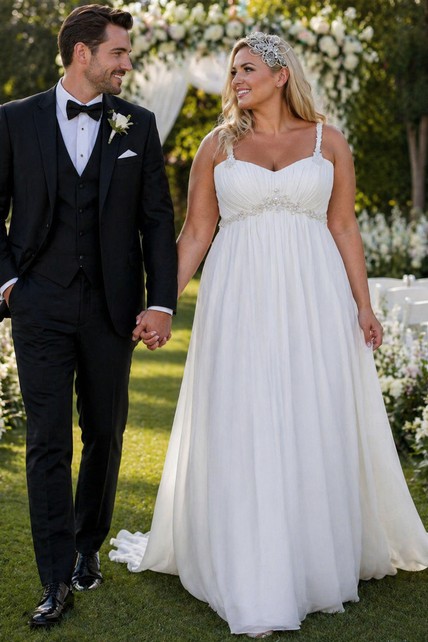 Plus Size Beach Empire A-line Wedding Dress | White Chiffon Women Bridal Gown for Curvy Bride | Dorris Wedding Plus Size Beach Empire A-line Wedding Dress | White Chiffon Women Bridal Gown for Curvy Bride | Dorris Wedding
