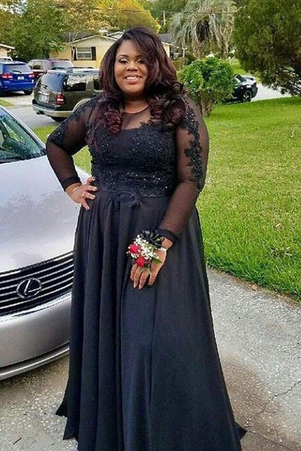 Unique Black Gown For Plus Size Evening Gown Lace Torrid Prom Dresses  A-Line Satin Lace Jewel Long Sleeve Zipper Dress Dorris
