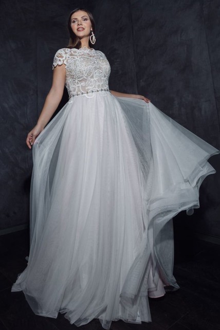 Cap-sleeve Plus Size Tulle Pleated A-line Modest Wedding Dress and Lace Top | Dorris Wedding Cap-sleeve Plus Size Tulle Pleated A-line Modest Wedding Dress and Lace Top | Dorris Wedding