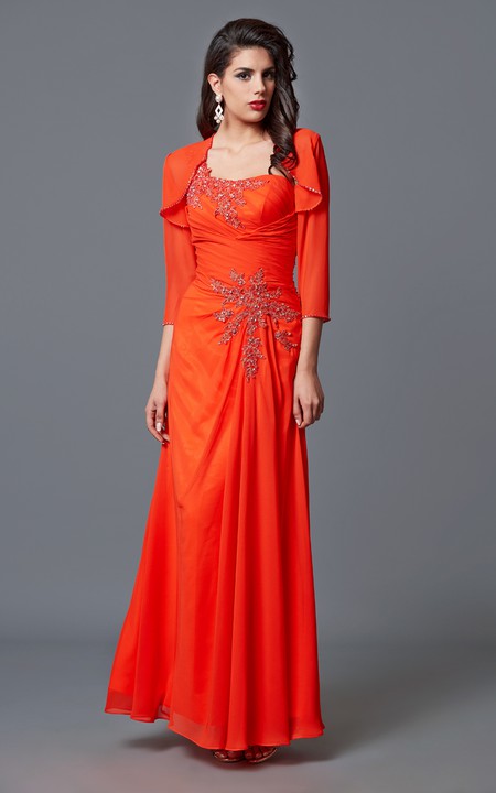 Elegant One-sided Draping Chiffon and Lace Formal Long Dress With Chiffon Jacket