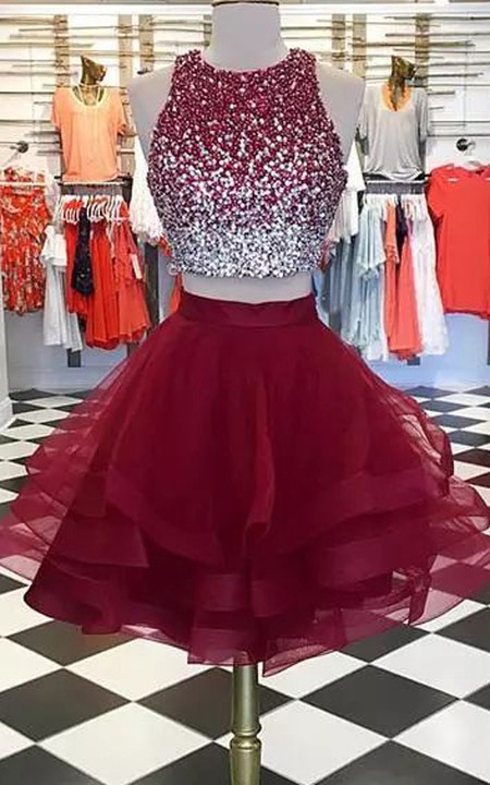 Two Piece Sleeveless Tulle High Neck Short Mini Homecoming Dress