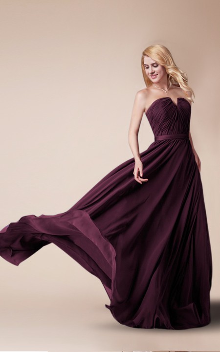 Strapless Floor Length Chiffon Dress With Ruching