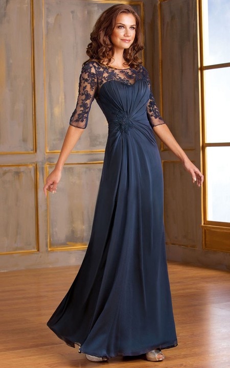 Half-Sleeved A-Line Long Mother Of The Bride Dress With Keyhole Back And Appliques