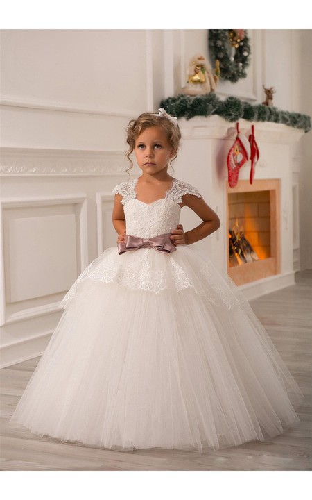 Flower Girl Cap Sleeve Tulle Ball Gown With Lace Up and Bow