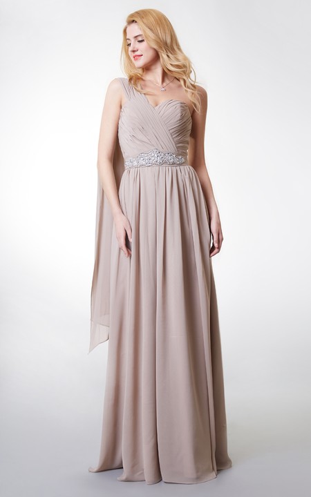 Charming One-shoulder Chiffon Gown With Beaded-detailing