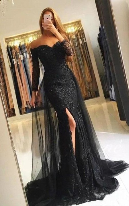 Lace Tulle Floor-length Sweep Train Trumpet 3/4 Length Sleeve Sexy Prom Dress