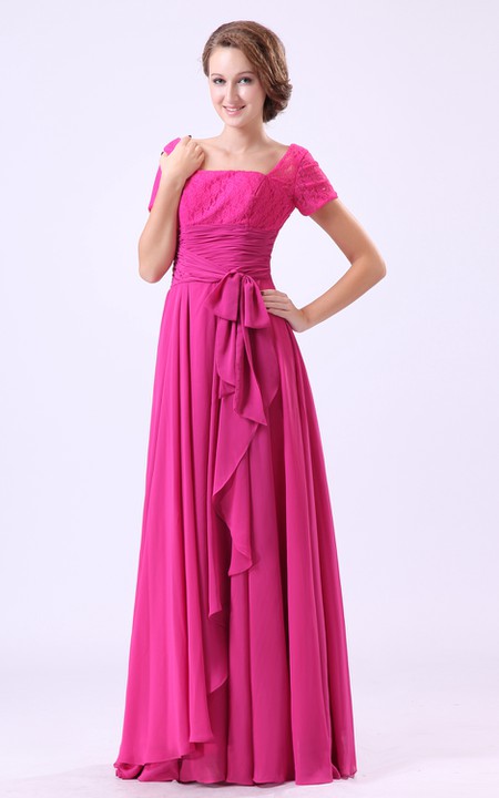 Square-Neck Short-Sleeve Chiffon Dress With Pleating and Laced Top