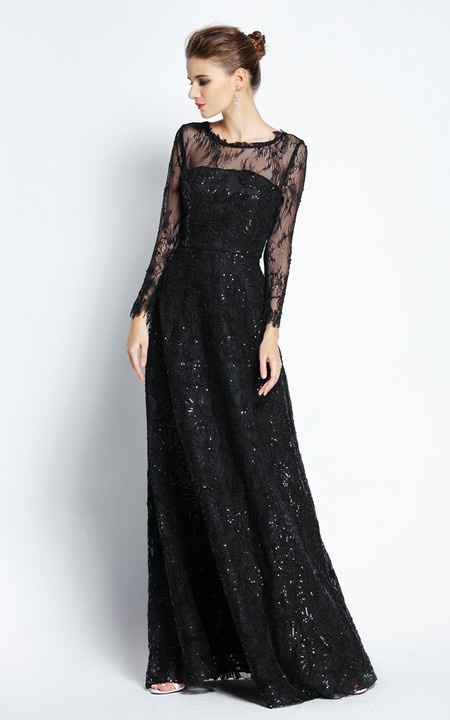 A-Line Floor-length Bateau Scalloped Lace Long Sleeve Prom Dress with Sequins