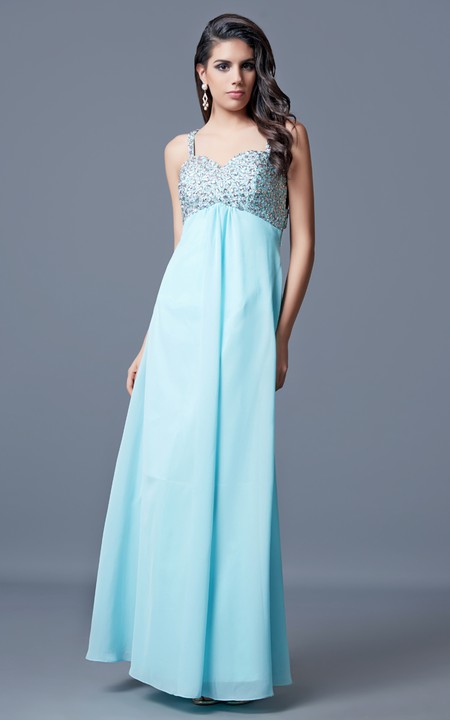 Noble Sleeveless Long Ruched Chiffon Dress With Beaded Bust and Straps