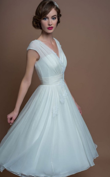 A-Line V-Neck Tea-Length Cap-Sleeve Appliqued Tulle Wedding Dress With Ruching