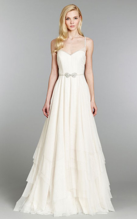 Fabulous Spaghetti Strap Tiered Floor Length Dress With Crystal Bow Belt