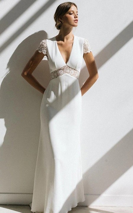 Casual V-neck Sheath Empire Floor-length Sweep Train Short Sleeve Wedding Dress With Lace