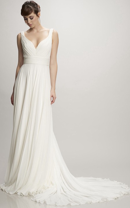 Long V-Neck Ruched Chiffon Wedding Dress With Court Train And V Back