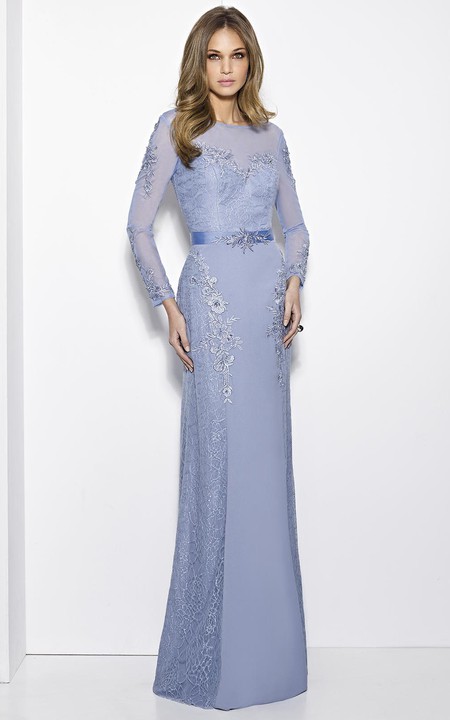 Sheath Long-Sleeve Jewel-Neck Lace Long Prom Dress With Appliques