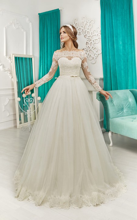 Off-the-shoulder Long Sleeve Illusion Back Bow Lace&Tulle Dress