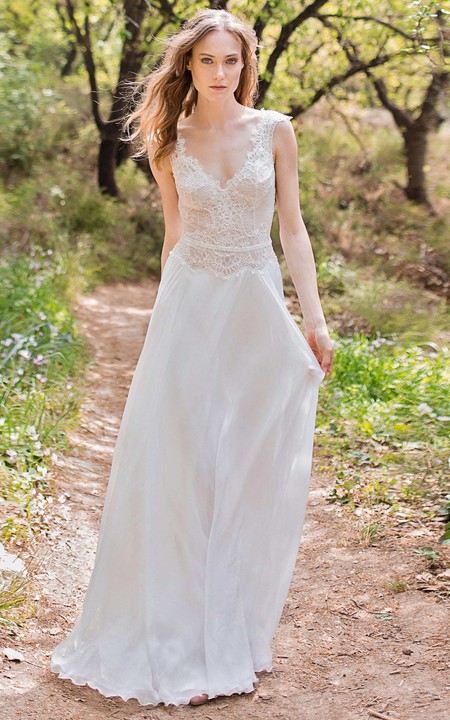 Plunged Cap-Sleeve Chiffon Sheath Wedding Dress With Lace