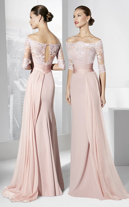 Sheath Half-Sleeve Off-The-Shoulder Appliqued Maxi Chiffon Prom Dress