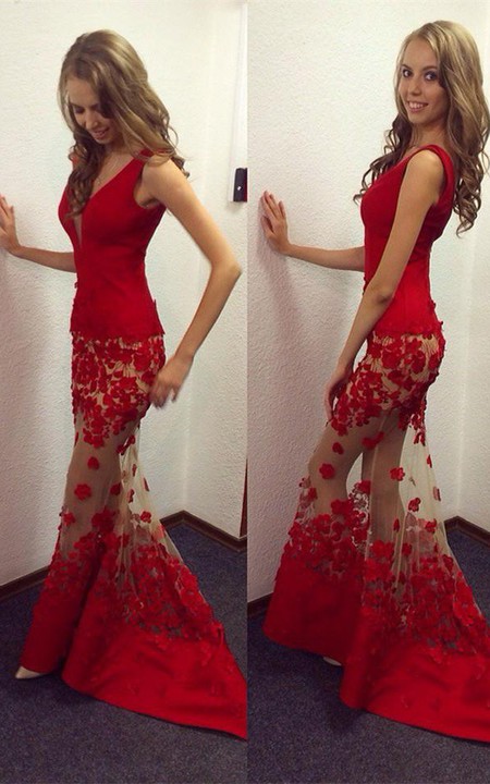 Sexy Red V-Neck Mermaid Prom Dresses Sheer Skirt Long Lace