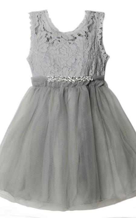 Sleeveless A-line Pleated Dress Lace Bodice