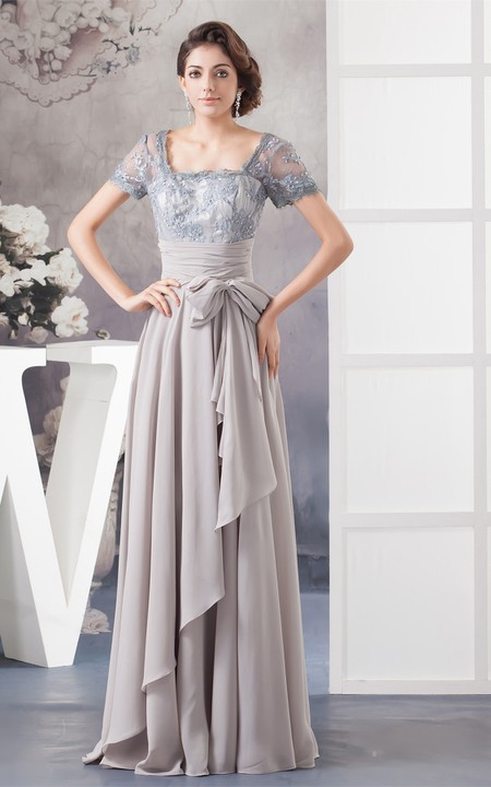 Chiffon Pleated Illusion Caped Sleeve and Gown With Bow