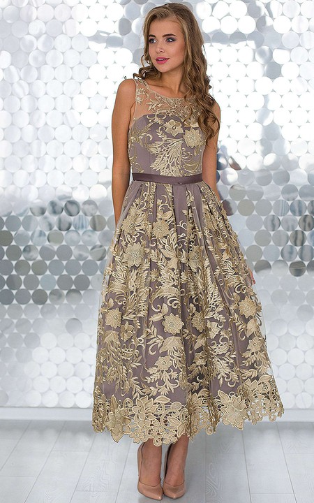 A-Line Anckle-Length Jewel Sleeveless Lace Pleats Sash Keyhole Dress