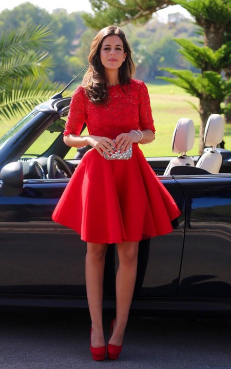 Modern Half-sleeve Red Short Homecoming Dress With Lace