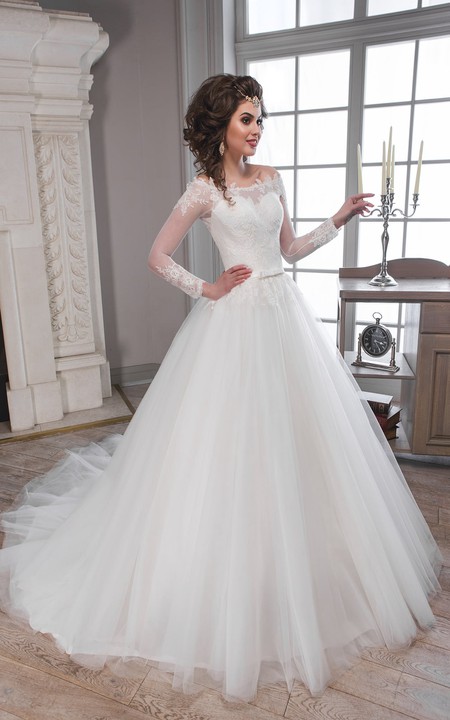 A-Line Long Off-The-Shoulder Long-Sleeve Illusion Tulle Dress With Appliques And Pleats