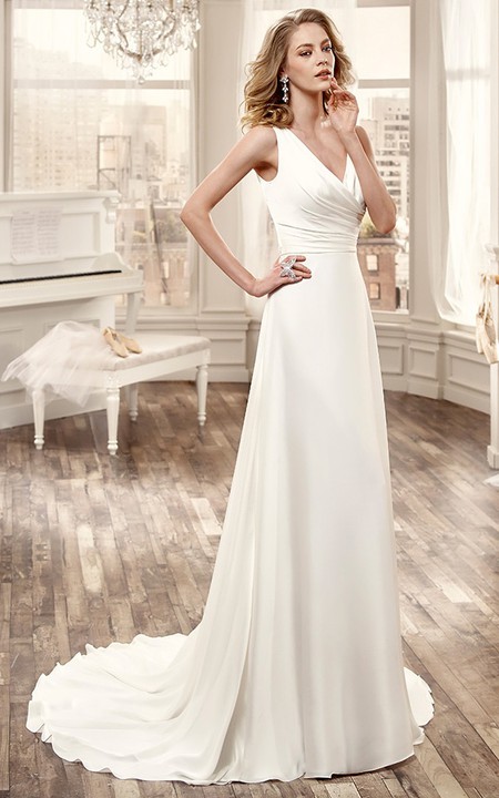 Cap-Sleeve Low-V Neckline Chiffon Wedding Dress With Brush Train