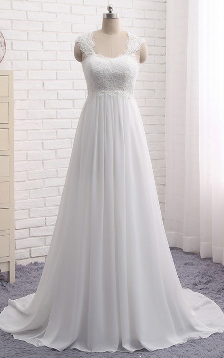 A-line Chiffon Empire Elegant Queen Anne Lace Wedding Dress With Key Hole And Lace-up