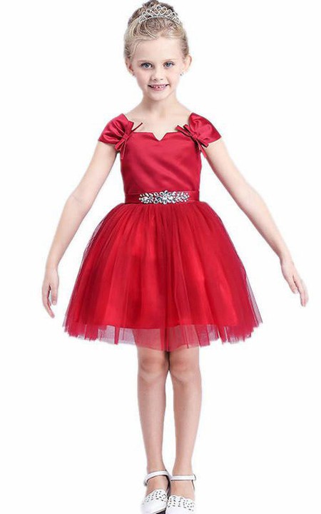 Flower Girl Notched Neck Tulle Mini Dress With Cap Sleeve