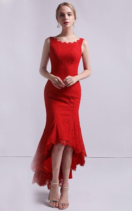 Simple Lace Mermaid Sleeveless High-Low Dress with Zippered Deep-V Back