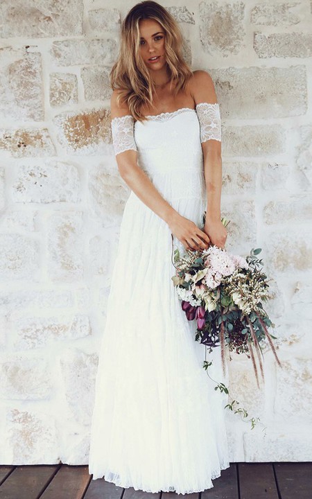 A-line Off-the-shoulder Short Sleeves Lace Boho Wedding Dress Wedding Dresses