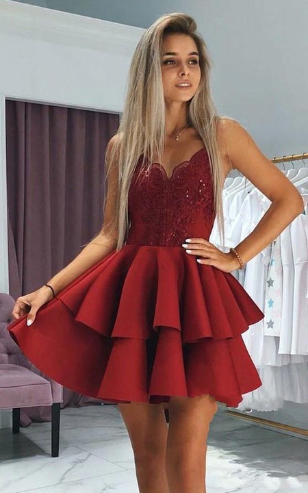 Satin A Line Backless Zipper Sleeveless with Lace and Tiers Homecoming Dress