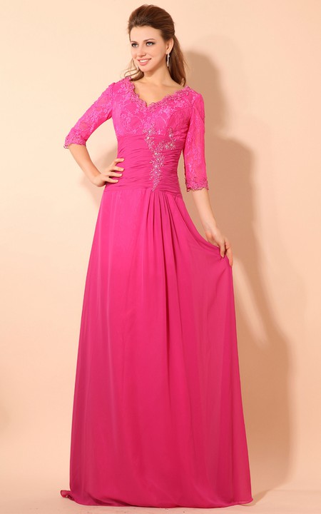Half-Sleeve V-Neck Floor-Length Dress With Lace and Ruching Waist