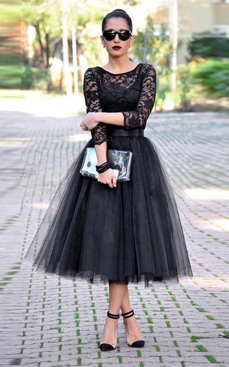 Sexy Black Lace 3-4 Sleeve Prom Dresses Tulle Tea-Length