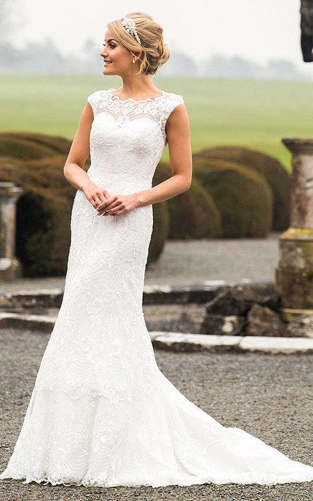Scoop Long Appliqued Lace Wedding Dress With Sweep Train And Illusion