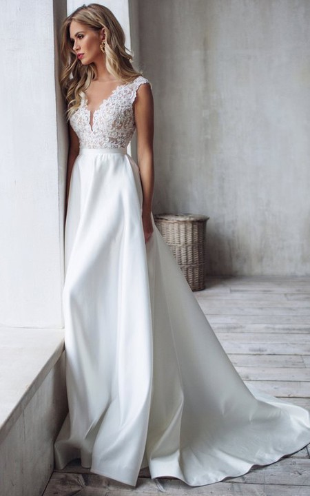 Satin Lace Floor-length Court Train A Line Sleeveless Romantic Wedding Dress
