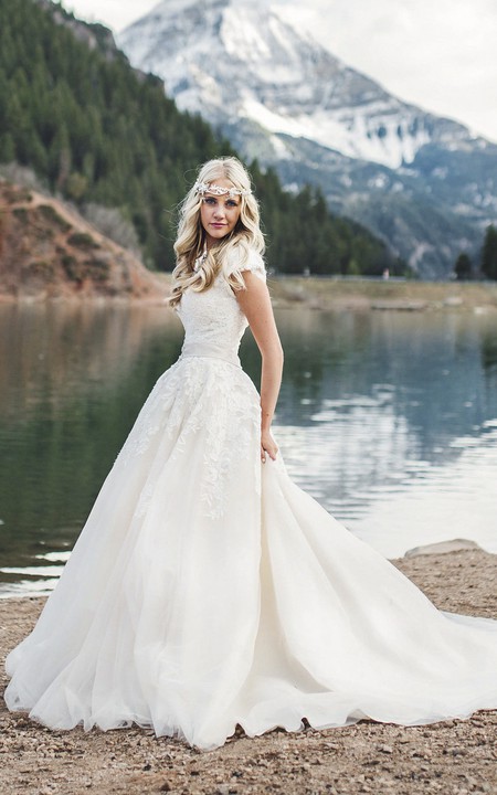 Queen Anne Ballgown Cap Sleeve Romantic Wedding Dress With Lace Appliques And Button Back