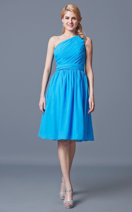 Vintage One Shoulder Ruched Knee Length Chiffon Dress With Sash