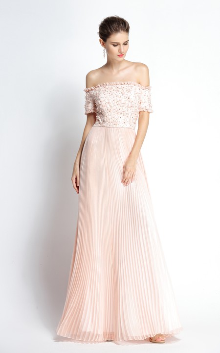 A-Line Floor-length Off-the-shoulder Chiffon Short Sleeve Prom Dress with Beading and Pleats