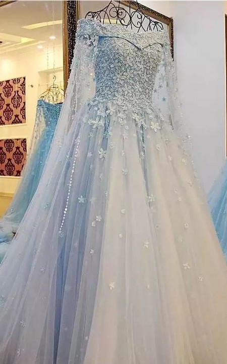 Off-the-shoulder Cap Short Sleeve Court Train Lace Tulle A-Line Wedding Dress