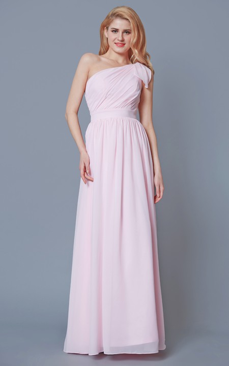 Simple Knotted One Shoulder Long Chiffon Dress With Pleats
