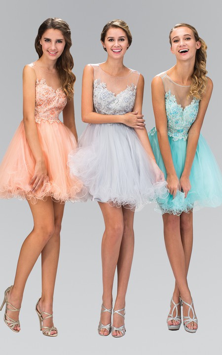 A-Line Short Scoop-Neck Sleeveless Tulle Illusion Dress With Appliques
