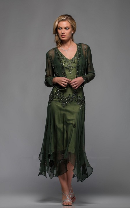 Casual Sheath V-neck Tea-length Mother of The Bride Dress with Illusion Bolero